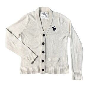 Abercrombie Fitch Mens Medium Cream Button Up Cardigan Sweater MOOSE Y2K Preppy